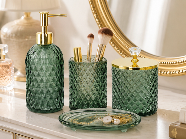 green glass soap dispenser