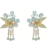 2Pcs Vintage Blue Flower Hair Clips,Chinese Style Glass Fringe Hair Barrettes Alligator Clips wit...