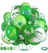 Dinosaur Balloons, 12 Inch Fruit Lime Dark Green White Confetti Balloons with Dinosaur Printed Pa...