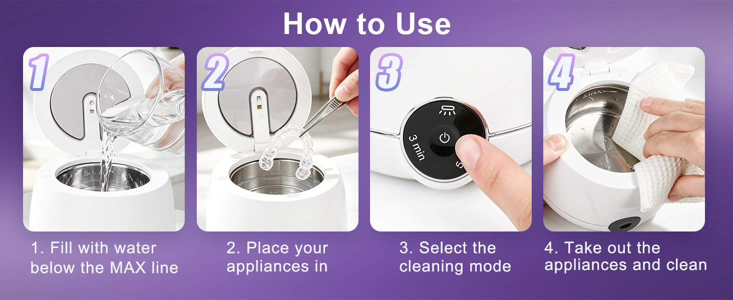 Fill dental bath with cool water. Hot water will warp clear aligners and night guards.