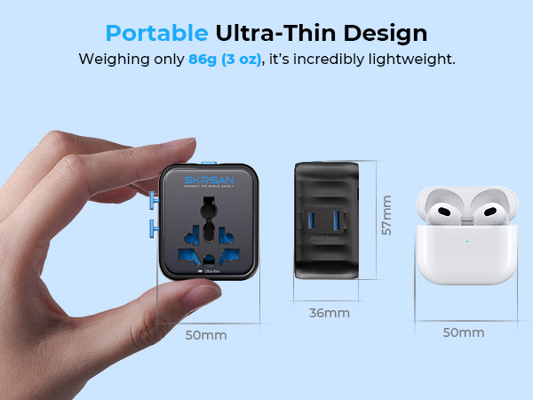 SKRSAN Aura International Travel Adapter, 36mm Ultra-Slim 6-in-1 Universal Wall Charger