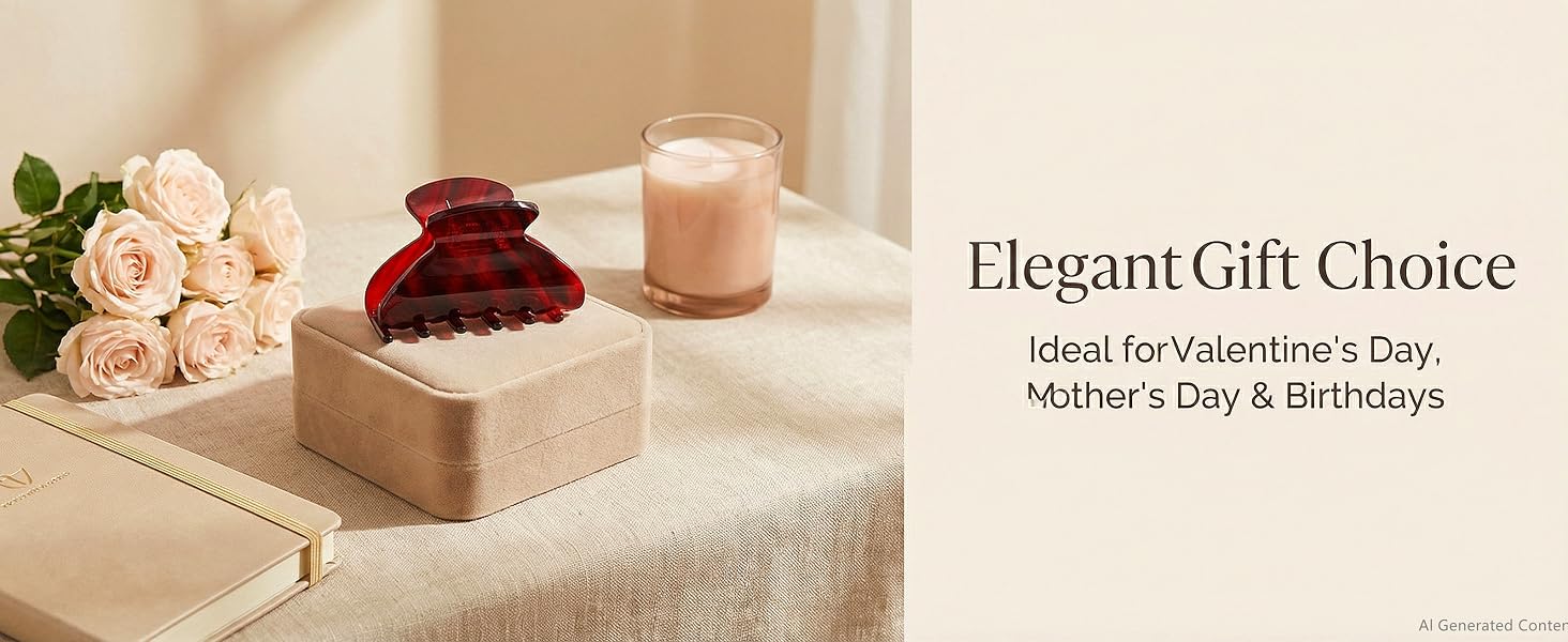 Text reads 'Elegant Gift Choice ideal for Valentine's Day, Mother's Day & Birthdays'. Styled gift display with pink roses, dark red roses, candles, and wrapped gift boxes on neutral textured surface.