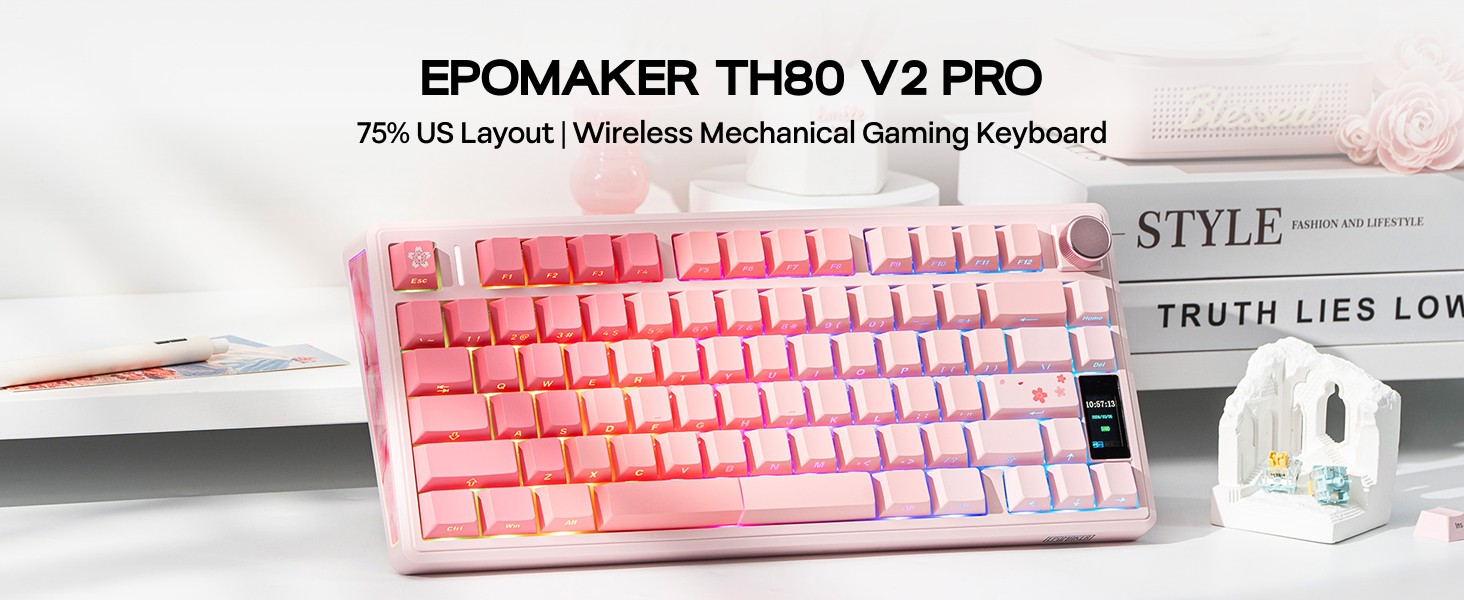 Text reads 'EPOMAKER TH80 V2 PRO'. White mechanical gaming keyboard with pink LED backlighting shown from multiple angles against white background.