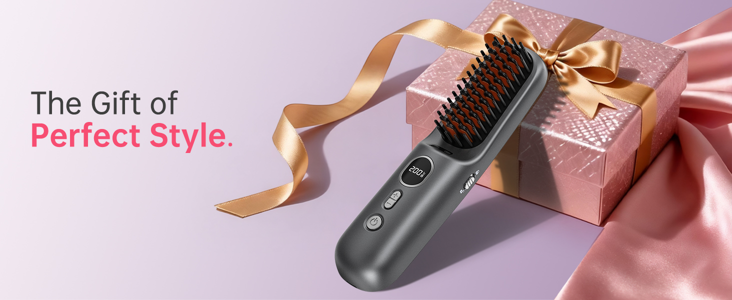 Cordless heated hair straightening brush displayed on a gift box with ribbon.