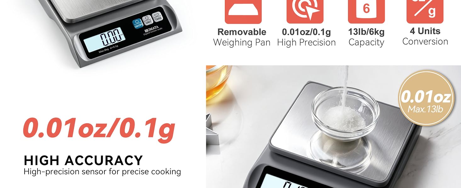 BOMATA 0.1g Food Scale, 13lb Digital Kitchen Scale with Removable Stainless Steel Pan