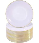 Nervure 100Pieces White with Gold Rim Plastic Plates - 7.5inch Disposable Gold Salad/Dessert Plat...