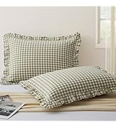 KKJIAF 2 Pcs Plaid Ruffle Pillow Case Standard Size, Washed Cotton Gingham Ruffled Euro Sham Pill...