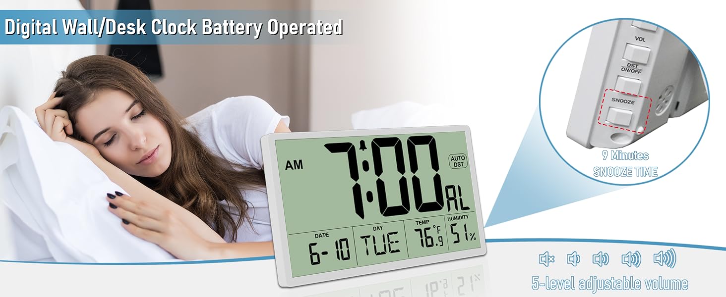 9-minute snooze function, 5 adjustable volume levels, clear “AL” indicator for easy confirmation.