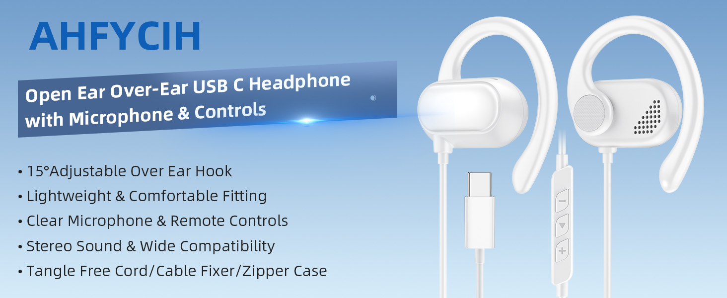 USB Type C Headphone Open Ear Adjustable Over Ear Hook Headset School Kid Earphone Wired Earbuds
