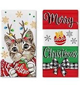 Croar Merry Christmas Tabby Cat Kitchen Dish Towels Set of 2, Xmas Ball Believe Snowflake Drying ...