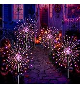 btfarm 4 Pack Solar Halloween Lights Outdoor, Orange Purple Firework Light | 120 LED, 8 Modes Wat...