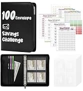 Ospelelf 100 Envelopes Money Saving Challenge Budget Planner Binder PU Leather Savings Book Zippe...