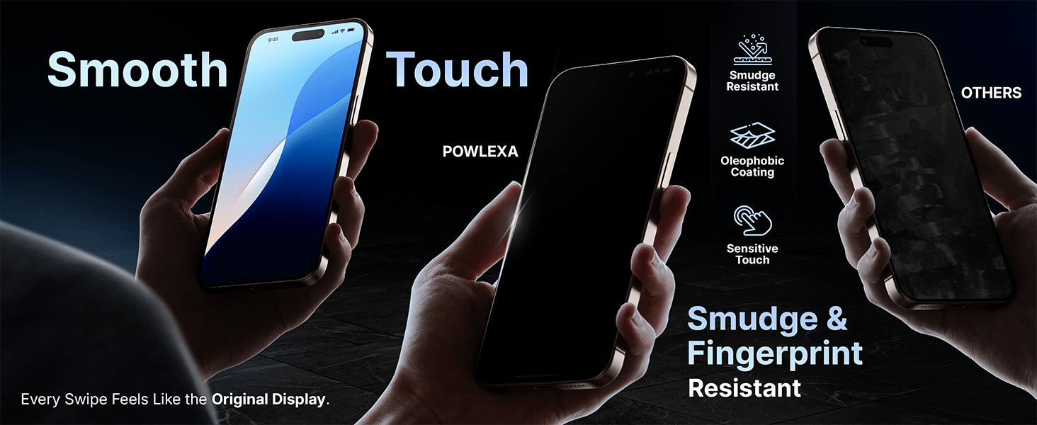 Powlexa iPhone 16 tempered glass screen protector smooth touch anti-fingerprint smudge resistant