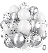 Silver and White Balloons, 12 Inch Metallic Silver White Latex Balloons Set Decor with Silver Con...