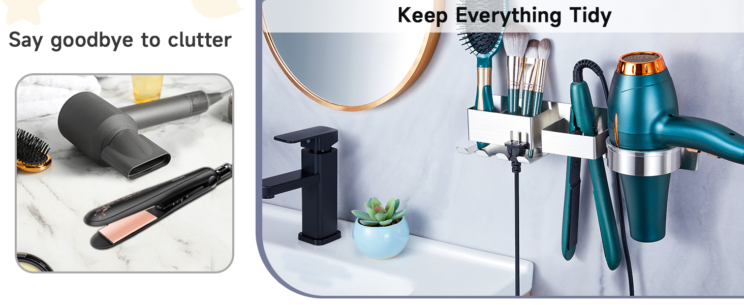 Text reads 'Keep Everything Tidy' and 'Say goodbye to clutter'. Series of images showing wall-mounted organizers holding bathroom items like hairdryers and styling tools.