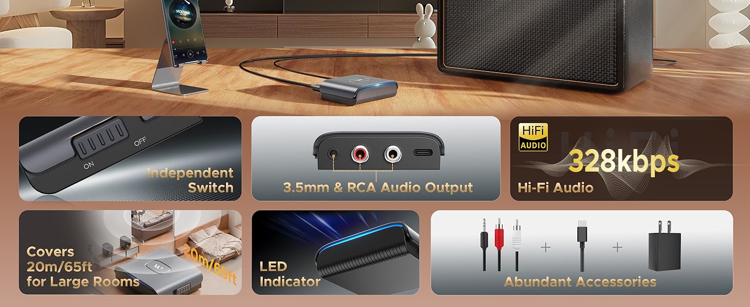 rca bluetooth audio receiver adapter for home stereo speakers 3.5mm