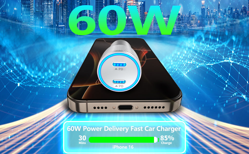 MFi Certified 60W Dual PD USB-C Car Poewr Cigarette Lighter Type-C Car Carplay Fast Charger Adapter