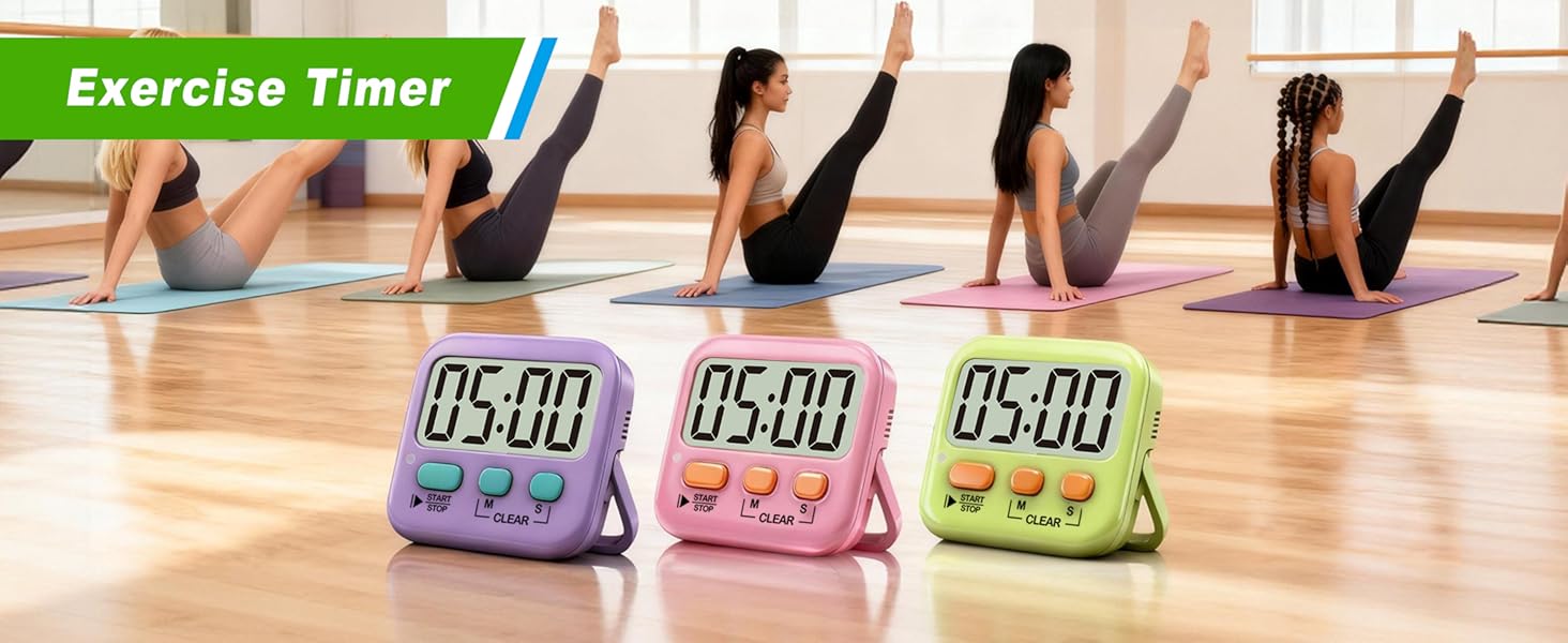 Multiple views of digital exercise timers in different colors (pink, blue, green) displaying countdown times and featuring simple interface design.