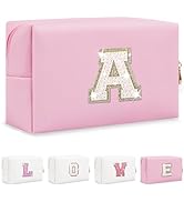 Small Personalized Initial A-Z Patch Makeup Bag,Pink Cute PU Leather Glitter Letter Cosmetic Bag ...