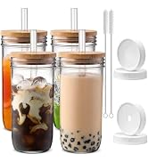 DWTS DANWEITESI Glass Cups with Lids and Straws, 24oz Smoothie Cup Boba Mason Jar with Lid and St...