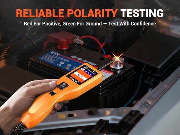 Polarity testing tool that uses red and green indicators to identify positive and ground circuits.