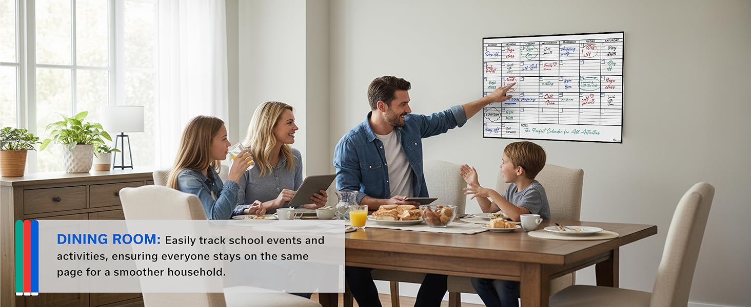OfficeAid dry erase wall calendar used in a dining room to track family schedules and activities