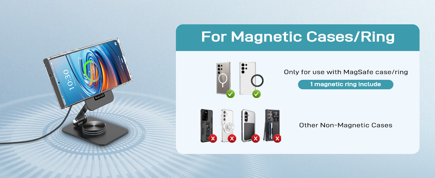 Magnetic phone holder with adjustable arm and base. Diagram shows compatibility with various magnetic cases and rings for smartphones.