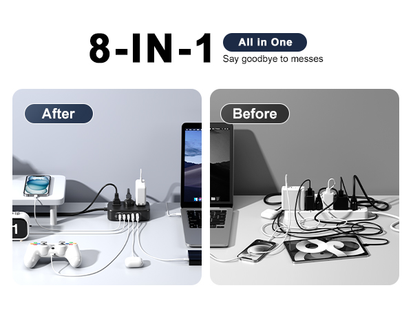 USB power strip with AC outlets and USB-C, USB-A ports