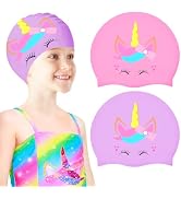 2 pcs Kids Swim Cap Silicone Swimming Cap for Boys Girls (Age 3-12) Cover Ears Waterproof Bathing...