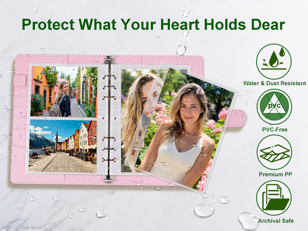 Text reads 'Protect What Your Heart Holds Dear' with logos for 'Archival Safe' and other certifications. Pink photo album with collage of family photos displayed on white surface.