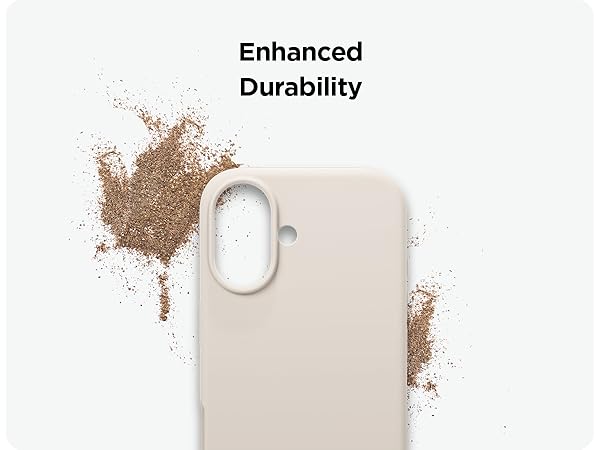 Light-colored phone case with 'Enhanced Durability' text, shown with brown powder or dirt splash effect demonstrating impact resistance.