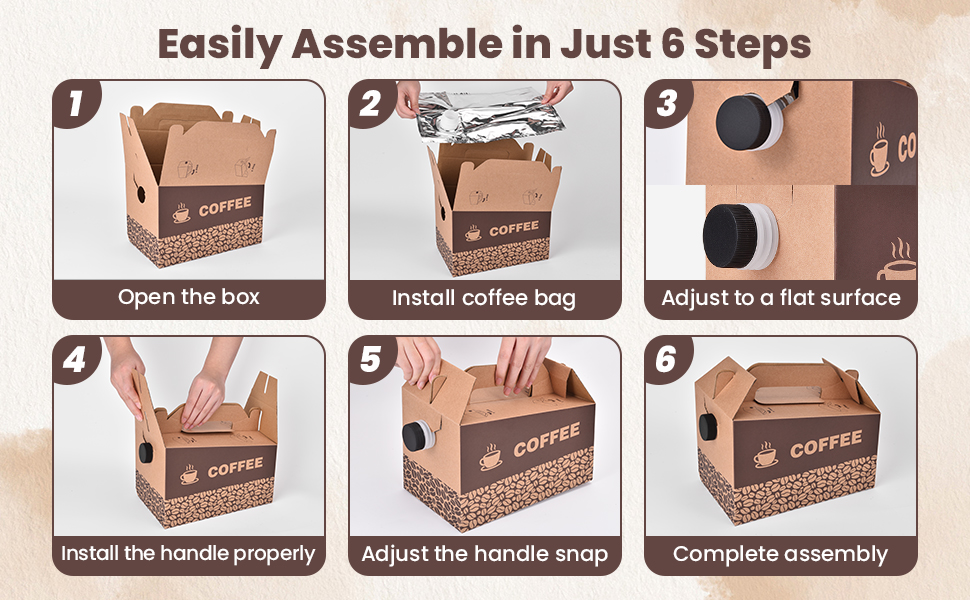 This coffee box is easy to assemble and comes with a handle for easy carrying.