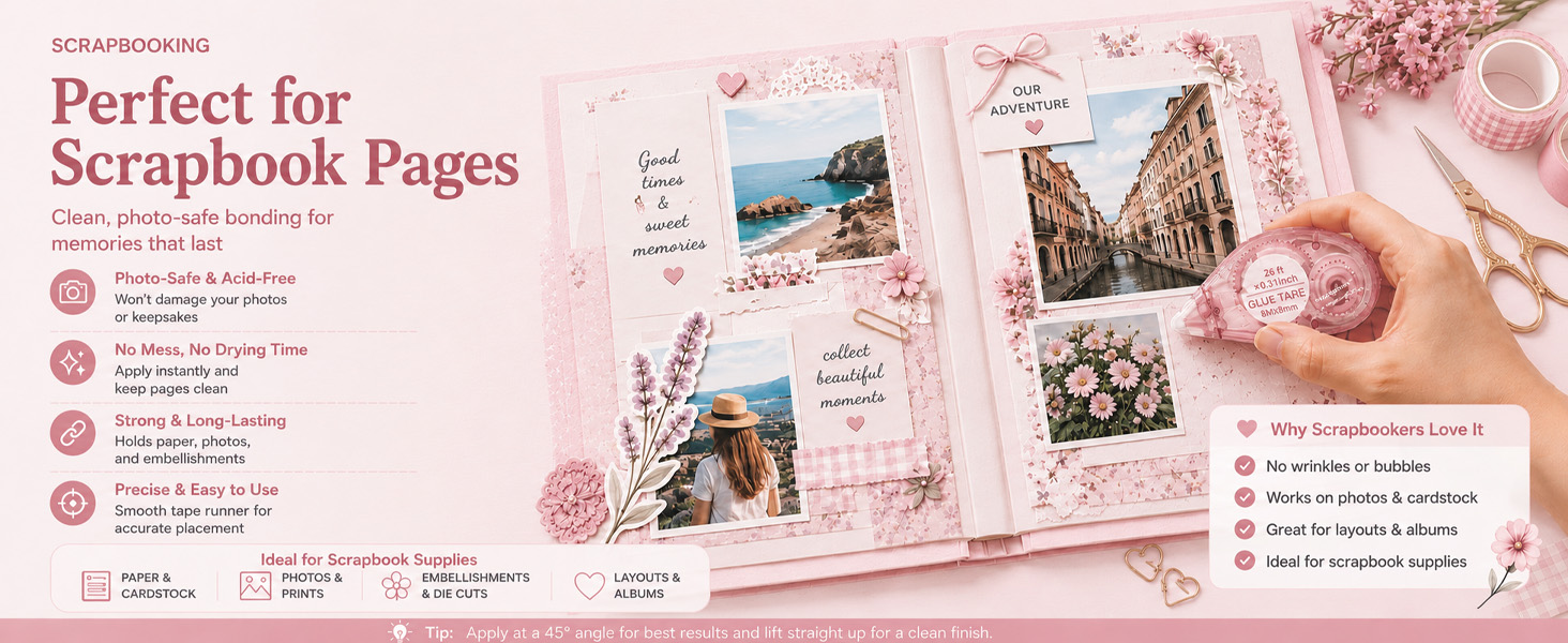 Scrapbook tape runner secures photos, cardstock and die cuts on a decorated photo album page.