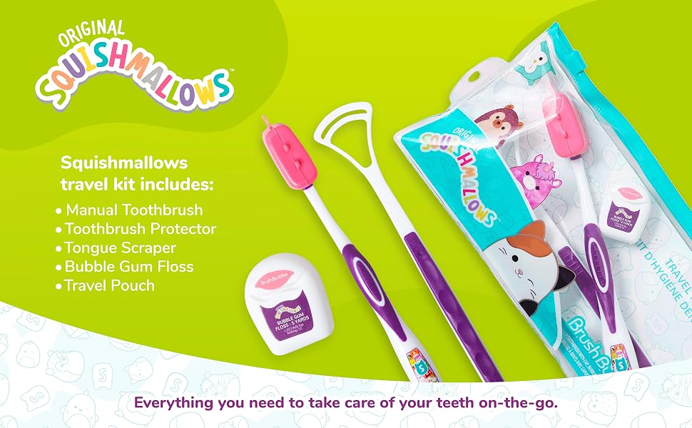 squishmallows, travel kit, travel pouch, teeth care on the go