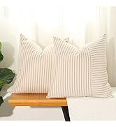 Hckot Khaki and Beige Patchwork Farmhouse Throw Pillow Covers 18 x 18 Inch, Pack of 2 Striped Lin...