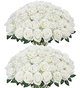 InnoGear 50 Pcs White Roses Artificial Flowers, Fake Velvet Silk Rose Bulk Faux Flower for Decora...