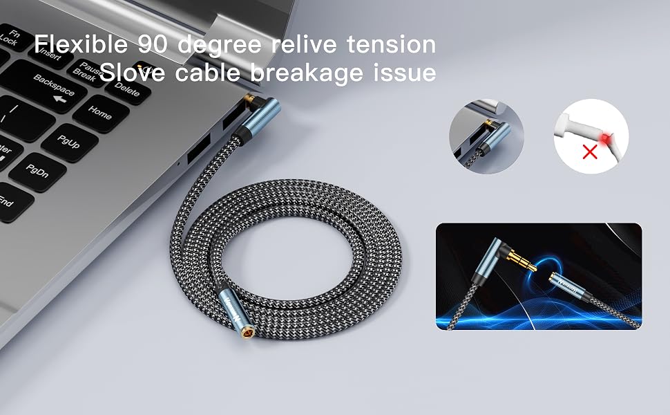 90 degree right angle 3.5mm headphone extension cord prevents cable breakage in tight spaces