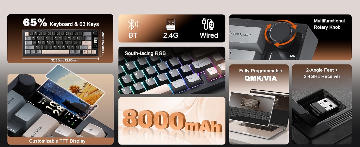 Text reads '85% Hotswap & 2.4 Type-C' and '8000mAh'. Composite showing mechanical keyboard with brown/tan case, multiple product angles displaying keyboard switches, components, battery capacity, and technical specifications.