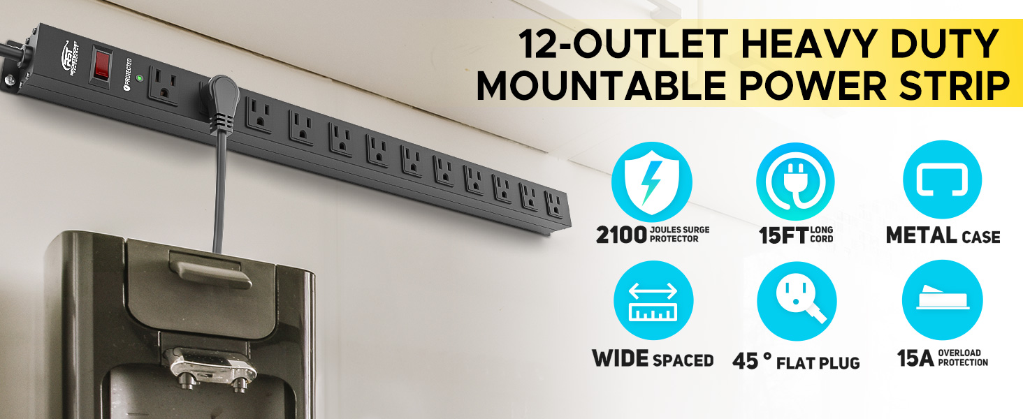 12 outlet heavy duty power strip wide spaced 2100 joules 15FT