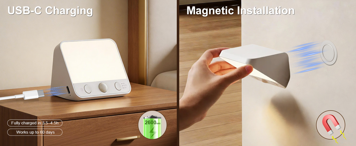 Text reads 'USB-C Charging' and 'Magnetic Attachment'. Device charging station with magnetic attachment feature shown in two views, including angled stand and hand demonstrating magnetic connection.
