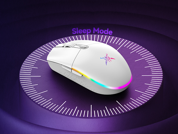 White gaming mouse with RGB lighting strip and star-shaped logo on purple circular background. Text 'Sleep Mode' visible above the mouse.