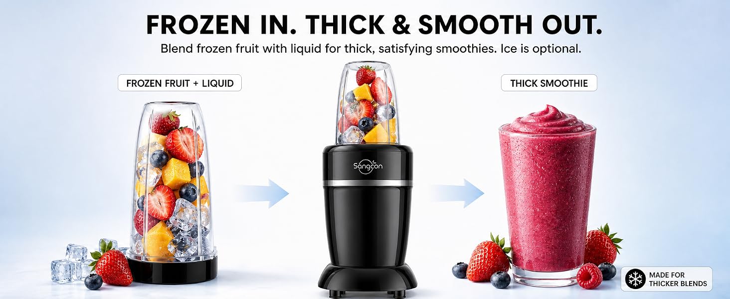 Sangcon blender turns frozen fruit and ice into thick, smooth everyday smoothies.