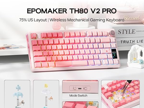 Text reads: 'EPOMAKER TH80 V2 PRO'. Multiple views of a pink and white mechanical gaming keyboard featuring wireless capability and 75% US layout design.