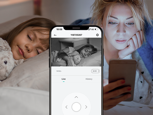 Smartphone displaying night vision baby monitor app. Shows split-screen view of sleeping child and person using the app.