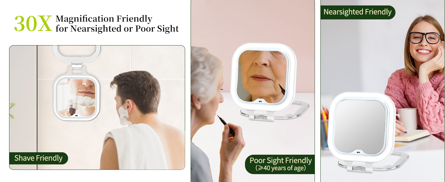 30x magnifying travel mirror with light