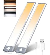 60 LED Dimmable Under Cabinet Lights 2 Packs, 3 Color Temps 2500mAh Rechargeable Motion Sensor Li...