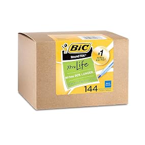 box of 144 bic round stic xtra life blue ball pens