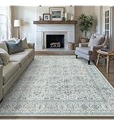 PureCozy Vintage Area Rug 8x10 Blue Washable Living Room Large Carpet Non Slip Bedroom Indoor Off...