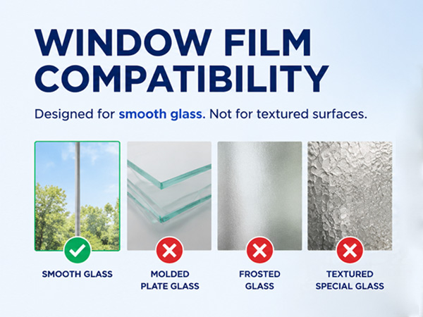 Children near a smooth window with home window tint compatibility icons