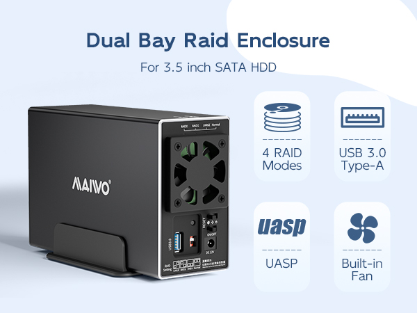 Dual Bay HDD RAID Enclosure for 3.5 inch SATA Hard Disk Drive, 5Gbps USB 3.0 to SATA Drive Adapter